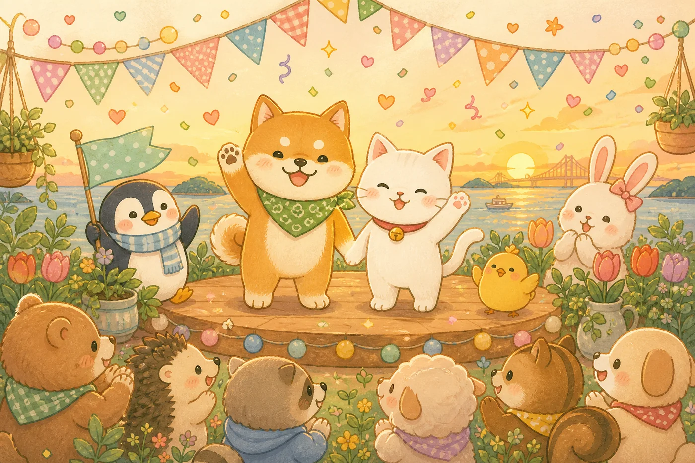 夕暮れの光の中、トークを終えた2匹のマスコットが客席の小動物たちに手を振っているイラスト
