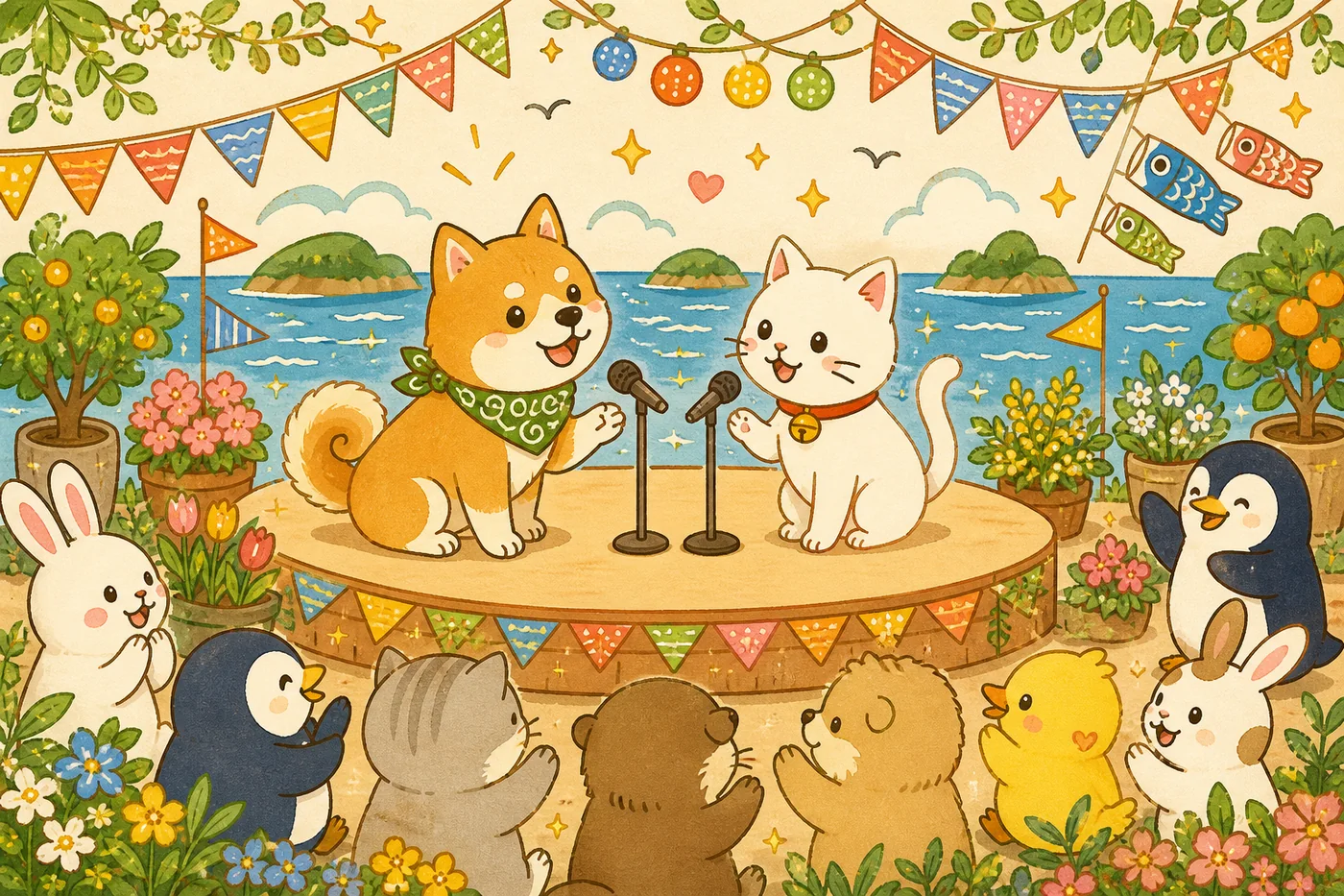 ステージでマイクを持った2匹のマスコットが、客席の小動物たちに向かって楽しく話しているイラスト