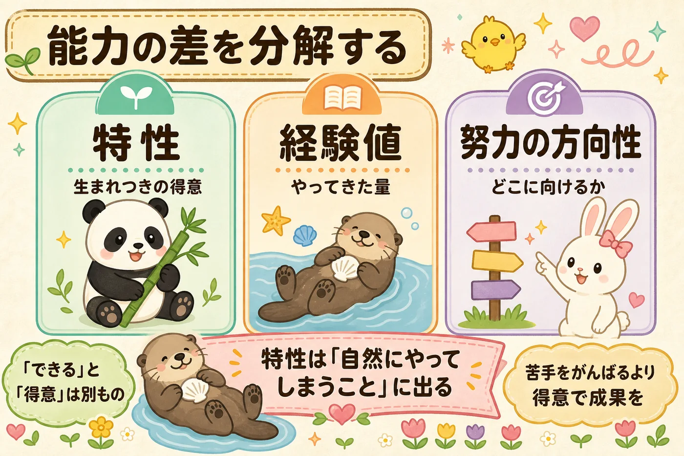能力の差を特性・経験値・努力の方向性の3本柱に分解して示した図解
