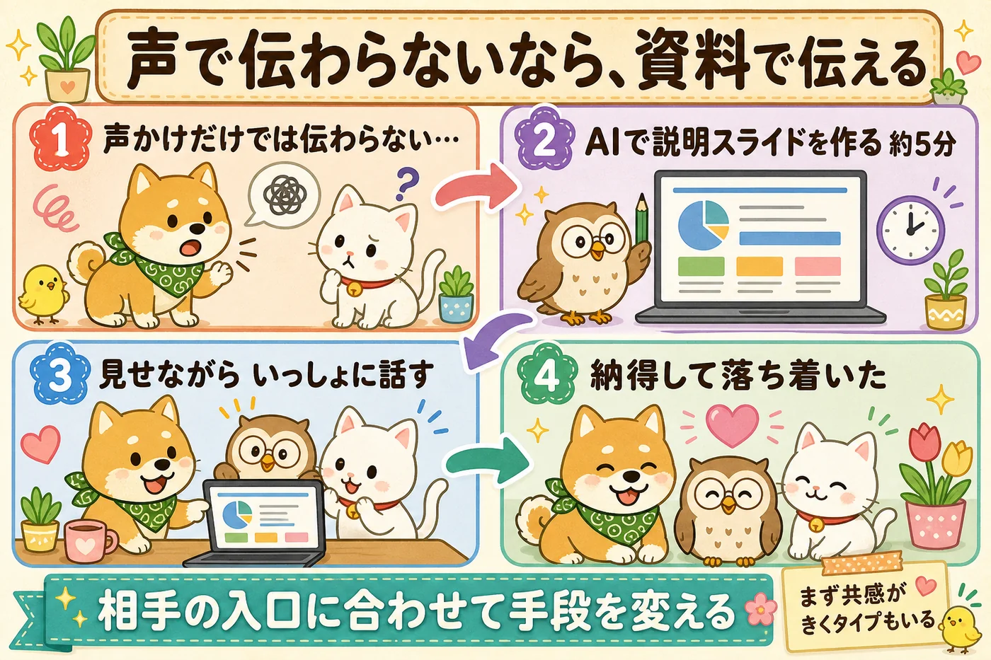 声かけでは伝わらない場面から、AIで説明スライドを作って見せ、納得にたどり着くまでの4コマの流れ図