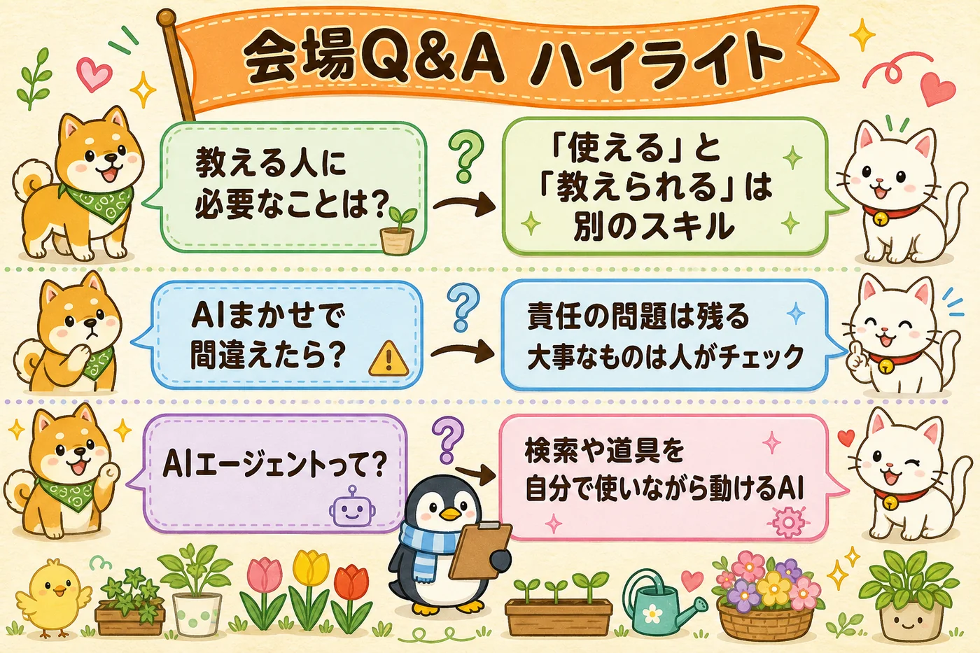 会場Q&Aから特に重要だった3つの質問と答えをカード状にまとめた図解